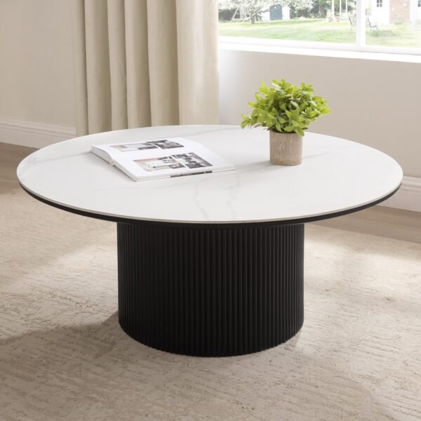Osaka Round Japandi Marble Coffee Table, Black